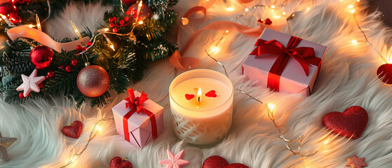 A wide cinematic holiday still life set on a plush white faux fur surface, featuring a softly glowing LED candle at center, a cheerful wreath decorate