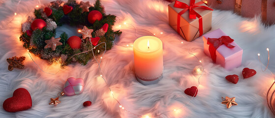 A wide cinematic holiday still life set on a plush white faux fur surface, featuring a softly glowing LED candle at center, a cheerful wreath decorate