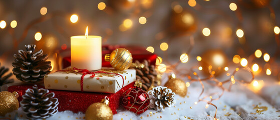 A wide cinematic holiday vignette presenting a battery-operated candle glowing gently on a stack of red and white Christmas presents, accented by gold