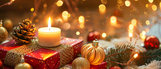 A wide cinematic holiday vignette presenting a battery-operated candle glowing gently on a stack of red and white Christmas presents, accented by gold