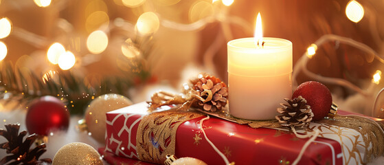 A wide cinematic holiday vignette presenting a battery-operated candle glowing gently on a stack of red and white Christmas presents, accented by gold