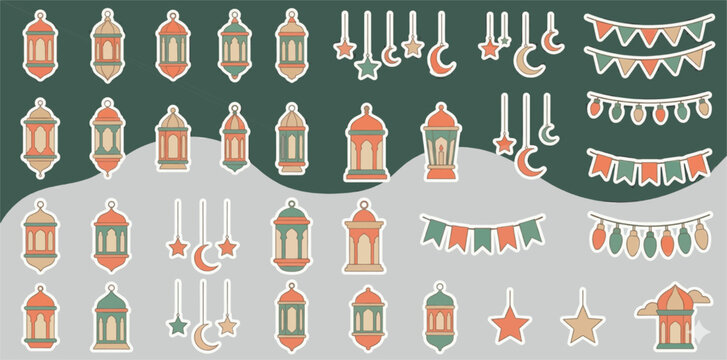 Flat Design Vector Sticker Set of Ramadan Lanterns, Stars, Moons, and Bunting Flags for Decoration.