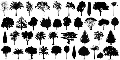 Fototapeta premium Collection of diverse tree silhouettes against a clean white background