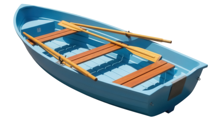 Light blue rowboat with wooden oars isolated PNG, small dinghy for recreation and fishing on transparent background