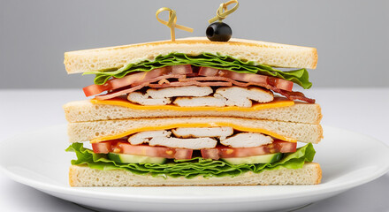 Delicious club sandwich with chicken, bacon, and cheese on toasted bread