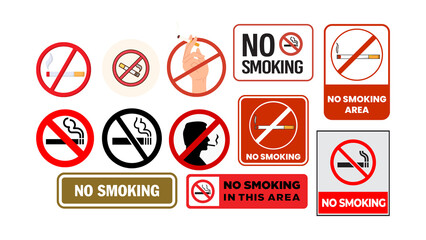 set no smoking warning signs icon logo cigarette tobacco vape nicotine isolated ban 