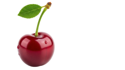 Ripe red cherry isolated PNG on transparent background, fresh fruit with stem and leaf for healthy eating and summer designs
