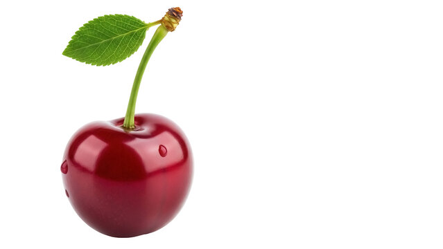 Ripe red cherry isolated PNG on transparent background, fresh fruit with stem and leaf for healthy eating and summer designs