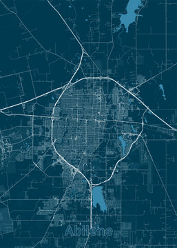Map of Abilene, Texas, rendered in a monochromatic blue palette. The map showcases the city's layout, including streets, roads, and highways, all depicted with fine white lines