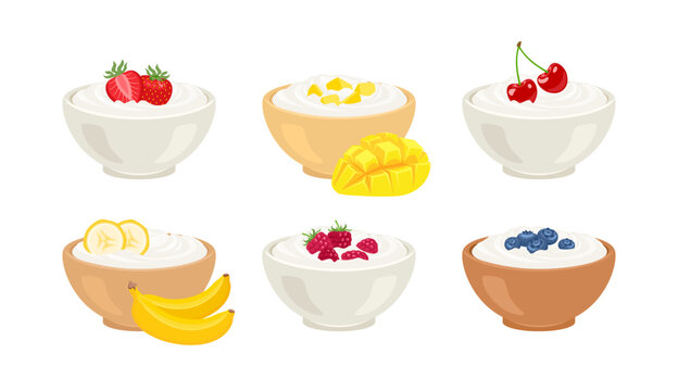 White yogurt with berry and fruit. Set of bowls with various yogurt isolated. Vector cartoon flat illustration of healthy food.