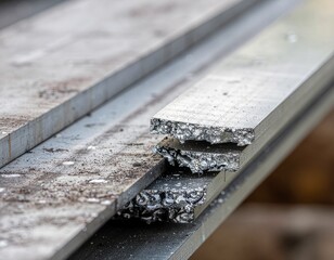 Pile tarnished aluminum surface near an empty park bench and metal construction elements in a quiet natural setting