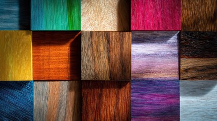 Abstract Mosaic of Textured Cubes in Various Colors and Patterns with Contrasting Shadows, Wood Grain Background, Artistic Textured Surface