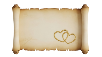 Old paper scroll with golden hearts isolated PNG, vintage parchment for wedding invitation or romantic design on transparent background