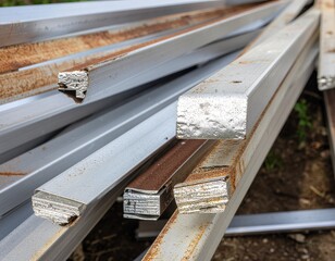 Obraz premium A pile of tarnished aluminum scraps near steel railroad tracks in a green forest park with brown timber textures and metal industrial materials