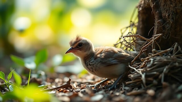 fledgling. A fledgling bird with ruffled feathers on the ground near its nest. wildlife magazines, conservation campaigns, designed for eco-tourism storytelling, used by event planners.