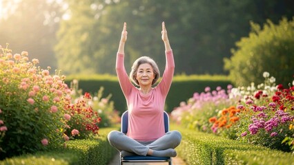 Senior East Asian Woman Practicing Chair Yoga in Blooming Garden
