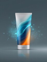 Fototapeta premium White Cosmetic Tube with Dynamic Blue and Orange Abstract Design