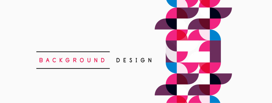 Abstract geometric pattern. Circles, squares create colorful vertical design. Minimalist style with text elements present.