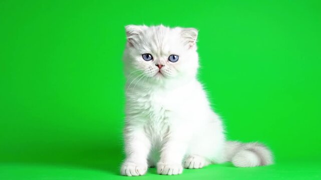 A sweet fluffy white kitten with a squished face looks inquisitively left on a green screen background, chroma key