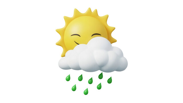 Smiling sun behind a cloud with rain drops PNG isolated on transparent background, weather forecast icon for graphic design and decoration