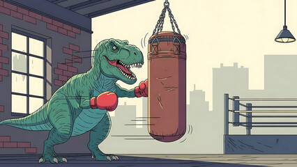 dinosaur boxing workout with a determined t-rex hitting a heavy bag in a gritty urban gym illustrating strength and unexpected fitness
