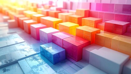 Dynamic abstract visualization of colorful 3D blocks arranged in a progressive graph pattern, illuminated by a vibrant gradient, representing data growth and technological advancement