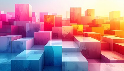 Vibrant Abstract Geometric Cubes in Gradient Colors with Sunlight Reflections