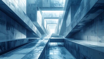 Futuristic Architectural Corridor With Geometric Designs and Cool Blue Lighting