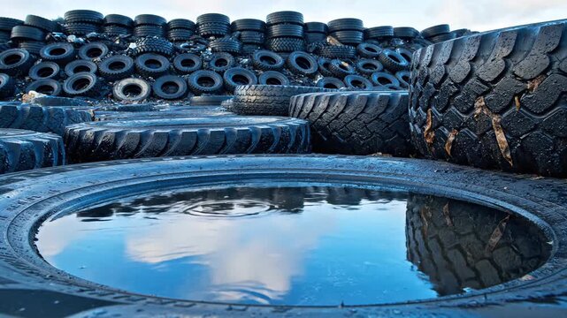 Large Pile of Black Rubber Tires Stacked High Reflecting Blue Sky and White Clouds in a Puddle of Water with Droplets on a Sunny Day