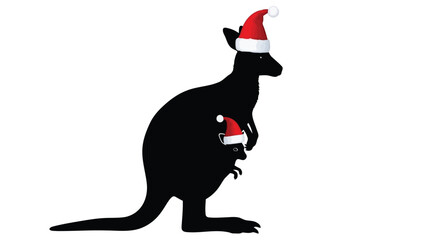 Kangaroo Silhouette with Joey in Pouch Wearing Santa Hats for Christmas