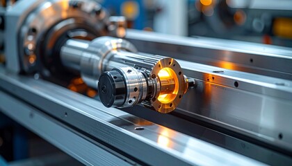 Close-up of a high-precision industrial machine operating in a manufacturing facility, showcasing modern engineering technology and automated production processes