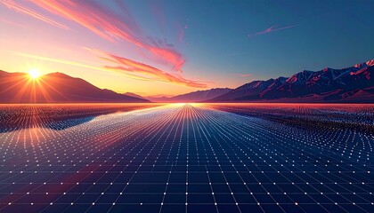 Radiant sunrise over a serene mountainscape, reflecting a futuristic digital grid on the water's surface, symbolizing innovation, connectivity, and sustainable energy in an ethereal landscape