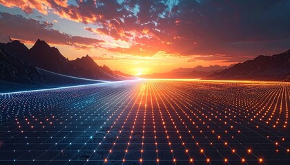 Breathtaking digital landscape with glowing data points stretching towards a vibrant sunset over majestic mountains, symbolizing global connectivity and future technology