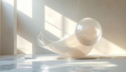 Abstract Geometric Sphere and Curved Surface with Sunlight Shadows and Reflections