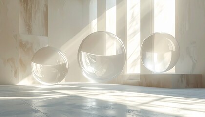 Three glass spheres reflecting bright sunlight casting dramatic shadows in a minimalist interior space
