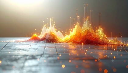 Mesmerizing digital data visualization with vibrant glowing particles forming abstract waves and peaks, representing complex information analysis and technological innovation