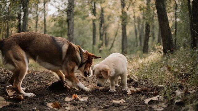 自然の屋外環境で、ミックス犬の成犬が子犬に土を掘ることを教える素朴なシーン。
土の質感と柔らかな自然光が、温かみのあるラスティックな雰囲気を演出します。
学習、本能、成長、親子の絆をテーマにした映像として最適。