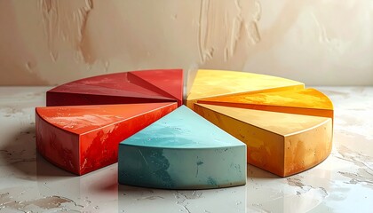 Colorful three-dimensional pie chart illustrating data segments, market share, and statistical distribution. Ideal for business analysis, financial reports, and modern infographics