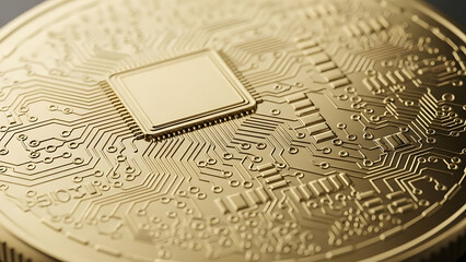 Close-up of a golden coin featuring an intricate circuit board pattern and a central microchip, symbolizing digital finance.
