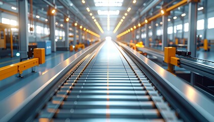 Industrial factory interior with conveyor belts and bright overhead lights, symbolizing automation and mass production