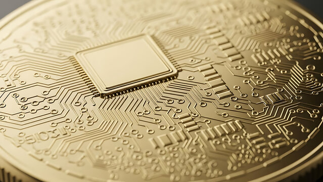 Close-up of a golden coin featuring an intricate circuit board pattern and a central microchip, symbolizing digital finance. - Powered by Adobe