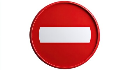 A vibrant, close-up photograph features a glossy, circular red traffic sign with a horizontal white rectangular bar in the center. The sign signifies prohibited entry
