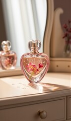 Heart-shaped perfume bottle with flowers