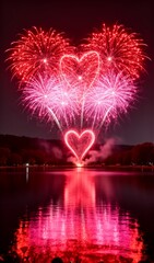 Heart-Shaped Fireworks Over Lake