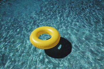 Aerial View of Bright Yellow Inflatable Ring Floating in Crystal Clear Blue Water with Refraction and Ripples on a Sunny Day