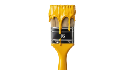 Yellow paint brush PNG isolated on transparent background, painting tool with dripping color for art and home improvement projects