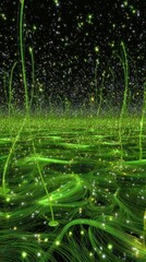 Abstract Green Light Streaks with Stars on a Black Backdrop Creates an Otherworldly and Magical Ambience