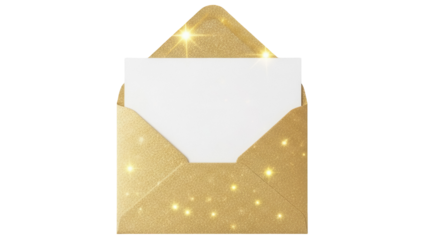 Sparkling gold envelope with blank card isolated PNG, elegant stationery for invitations and greetings on transparent background