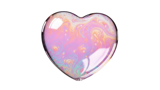 Iridescent heart shaped bubble isolated PNG on transparent background, colorful soap film with rainbow effect for love and romance concepts
