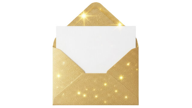 Sparkling gold envelope with blank card isolated PNG, elegant stationery for invitations and greetings on transparent background